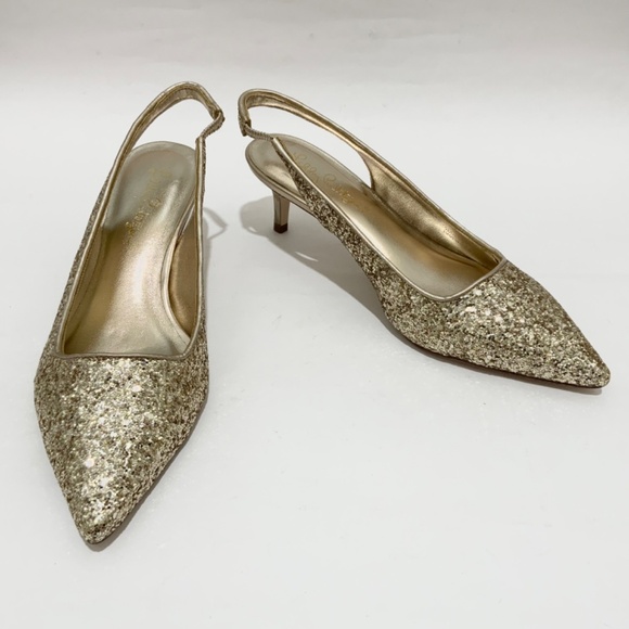 Lilly Pulitzer Shaina Slingback Gold Glitter Pump Pointed Toe Kitten Heel Shoe 7 - Picture 8 of 11
